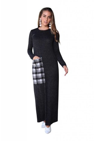 Go Couture Sheek Iconic Fashion Go Couture Single Fur Pocket Maxi Charcoal Gray