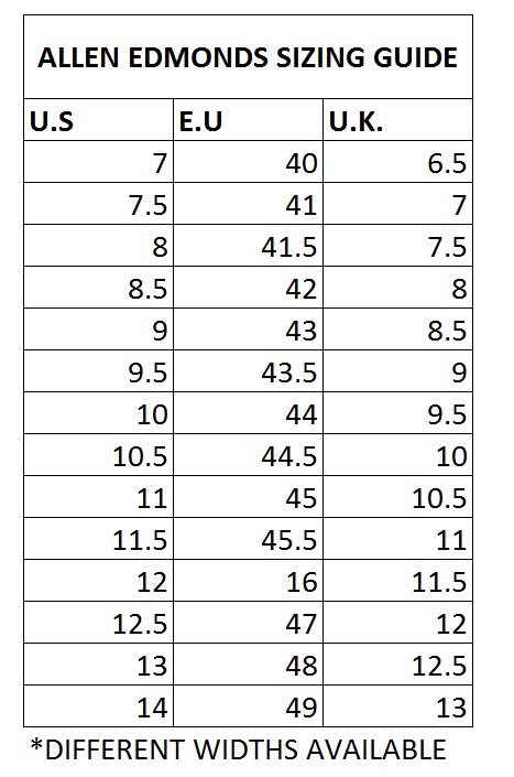 Allen Edmonds Size Chart