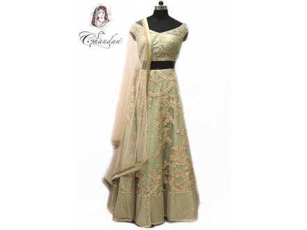 Light Pista Lehenga Choli with Peach Embroidery and Stone Work Light Pista Lehenga Choli with Peach Embroidery and Stone Work