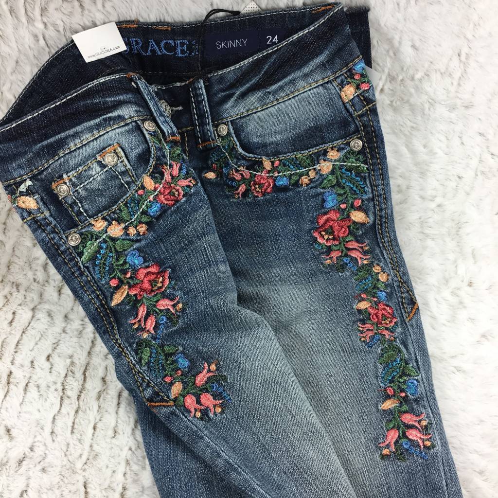 jeans embroidered skinny grace rose garden