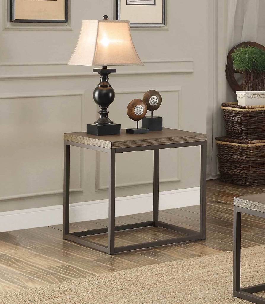 Daria End Table Weathered Wood Top W Metal Framing Beckman S Homelegance Daria End Table Weathered Wood Top W Metal Framing