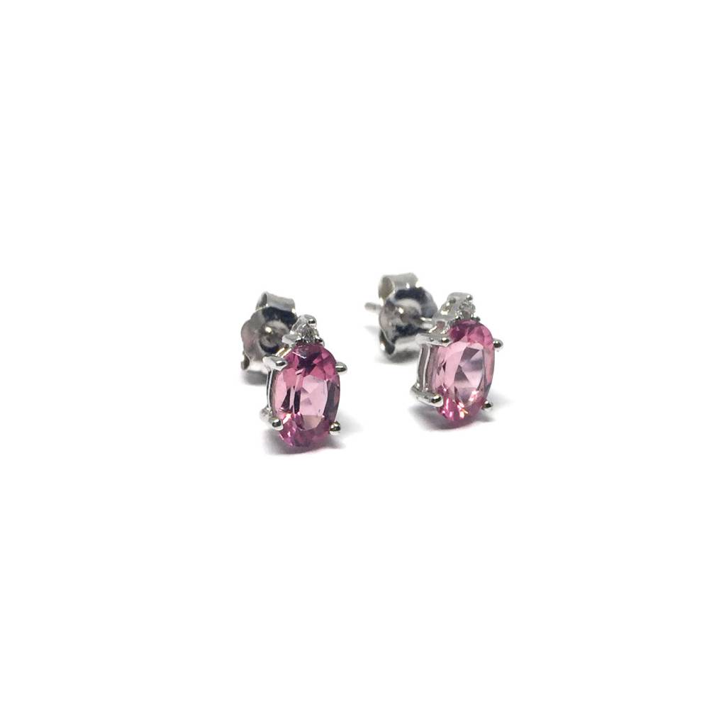 14k White Gold Oval Pink Tourmaline Diamond Stud Earrings