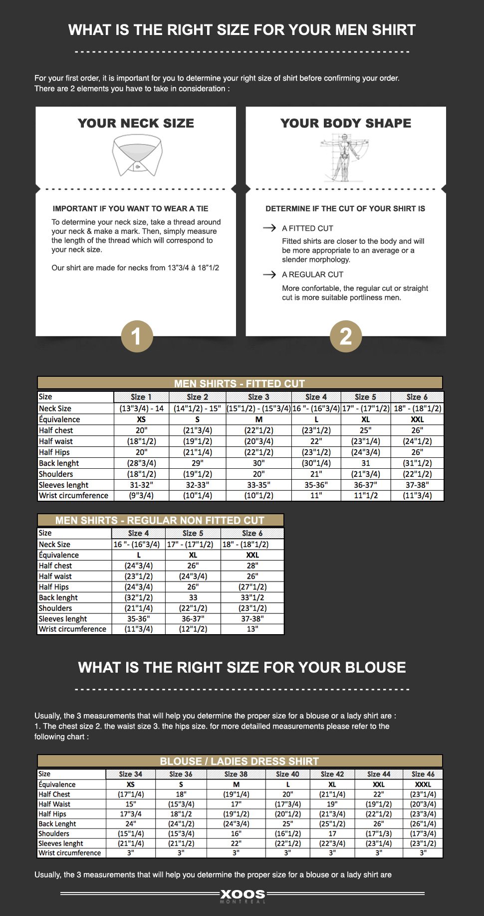 Size chart for dress shirts and blouses