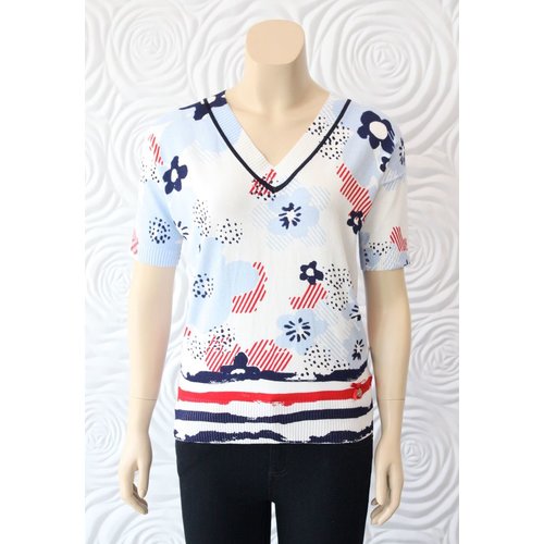 Leo Guy Leo & Ugo Knit Top with Red White and Blue Floral Detail Leo Guy Leo & Ugo Knit Top with Red White and Blue Floral Detail