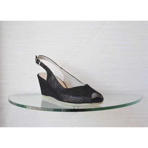 Spiffy Shoes Spiffy Low Wedge with Open Toe and Ankle Strap in Black Spiffy Shoes Spiffy Low Wedge with Open Toe and Ankle Strap in Black