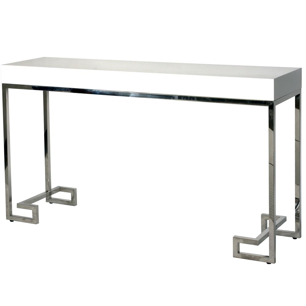 Worlds Away Barsanti White Lacquer Console With Stainless Greek Key Worlds Away Barsanti White Lacquer Console With Stainless Greek Key Base