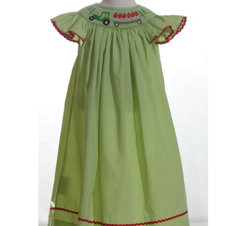 Smocked Tractor and Strawberries Angel Sleeve Bishop Dress