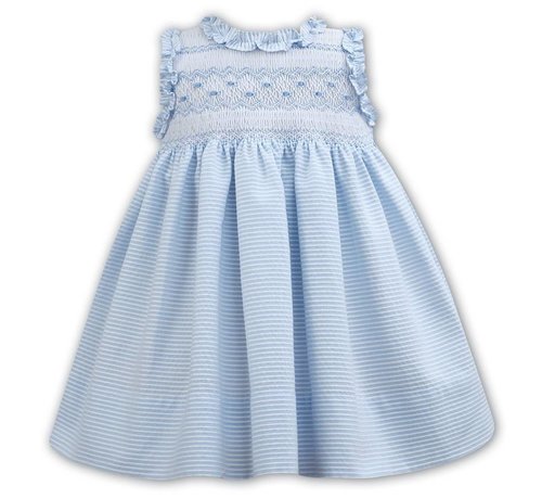 Sarah Louise Blue Striped Seersucker Sleeveless Smocked Dress