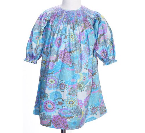 Fall Watercolor Floral Longsleeve Smocked Geo Bishop Dress
