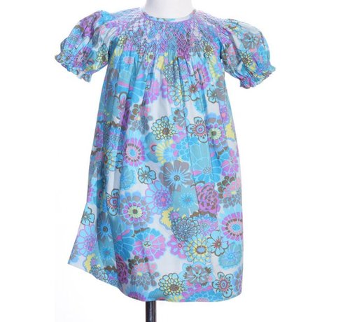 Fall Watercolor Smocked Geo Short Sleeve Bishop Dress