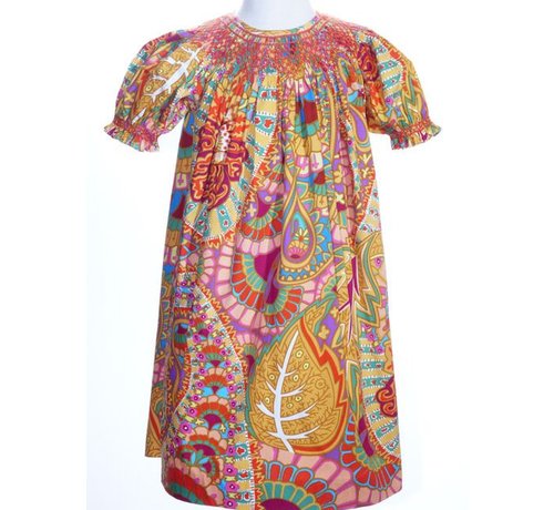 Fall Abstract Paisley Smock Geo Short Sleeve Bishop Dress