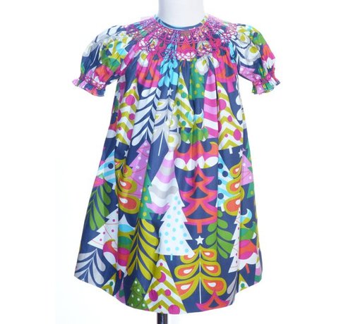 Geo Smocked Mondern Christmas Tree Print Short Sleeve Bishop Dress