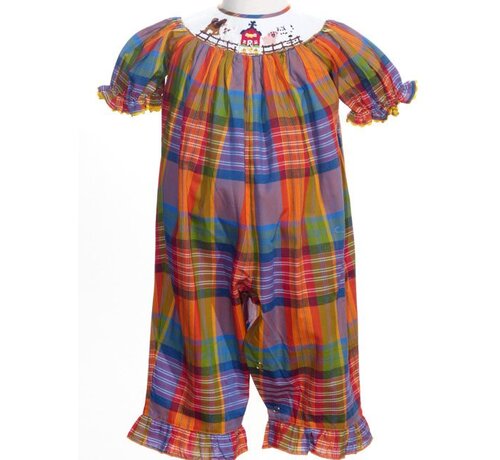 Fall Plaid Barnyard Smocked Short Sleeve Long Romper