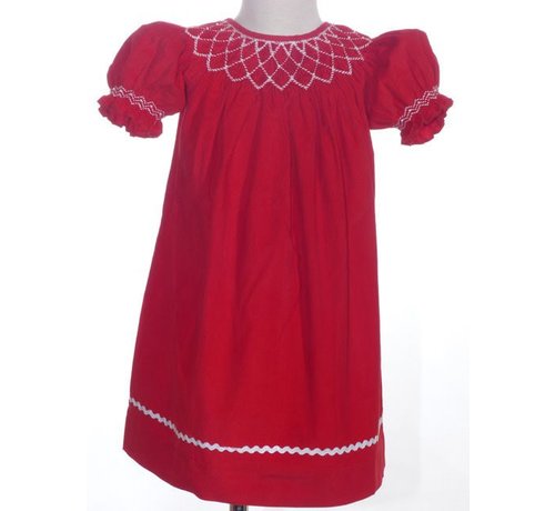 Red Cord Geo Smocked Pearl Short Sleeve Bishop Dress