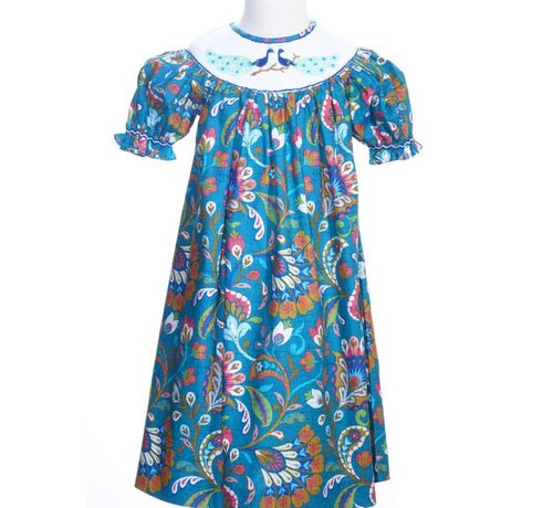 Smocked Peacock Short Sleeve Bishop Dress