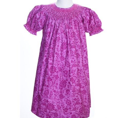 Smocked Magenta Flowered Dress W/Pearl Embelishments