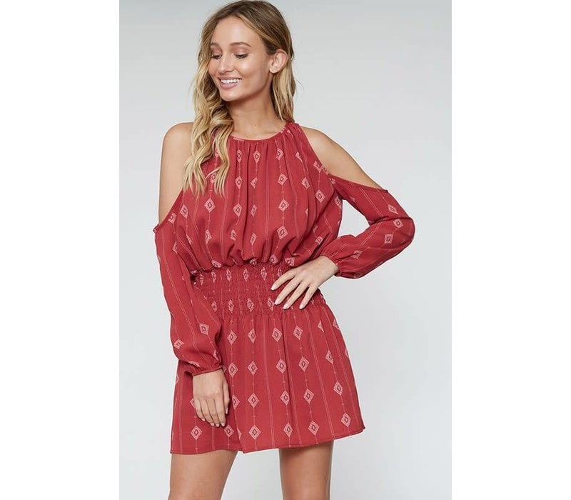 Diamond Print Cold Shoulder Tunic Dress In Marsala Red Little Diamond Print Cold Shoulder Tunic Dress In Marsala Red