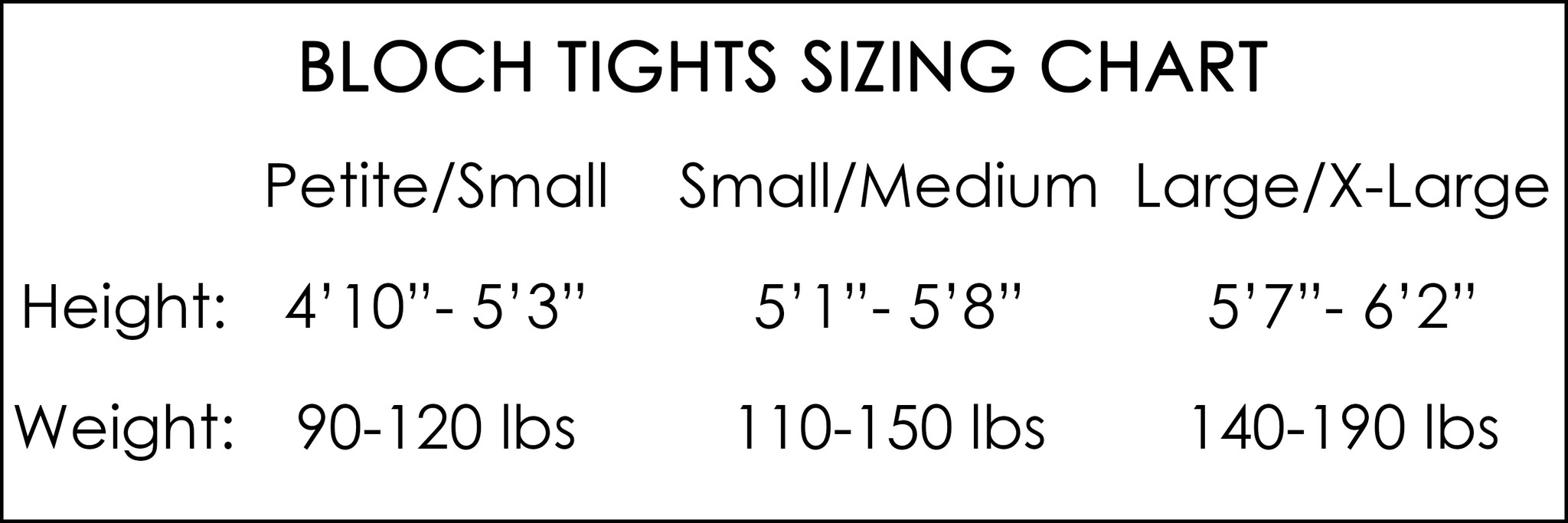 Bloch Endura Tights Size Chart