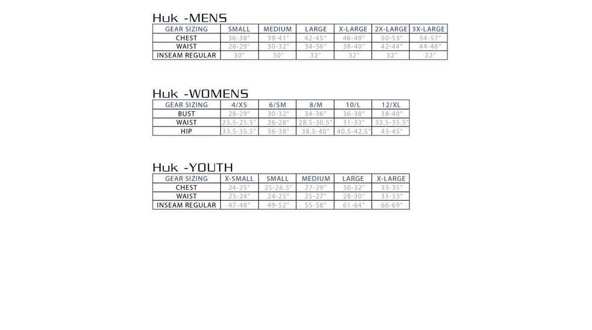 Huk Youth Size Chart