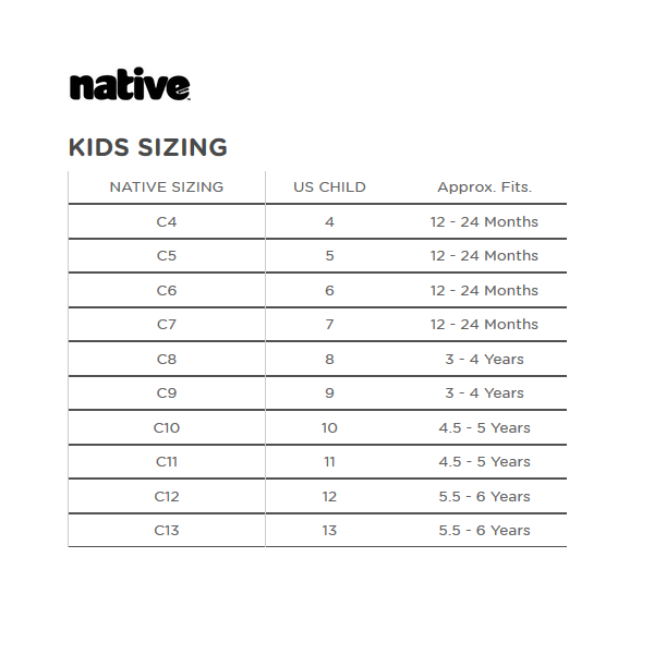Native Miller Size Chart