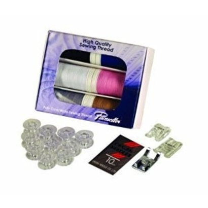 SEWING STARTER KIT contains: 1 XP Poly Core/Poly Wrap thread 6-pack (440 Yards), 1 set of universal needles, 1 (clear-view foot SA145), 1 (SA150 pearl and sequins foot), 1 (SA157 cording foot), 1 (10 pack bobbins -SA156). a $69.99 VALUE! Must be Ordered