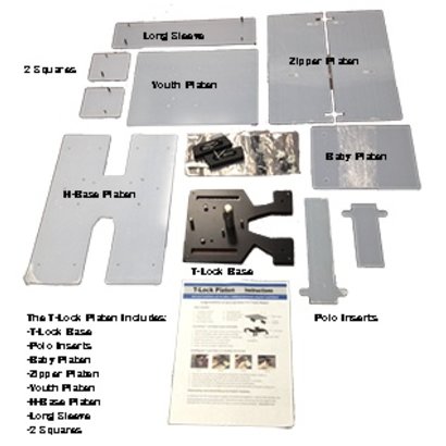 Brother TLOCKKIT (NOT JUST FOR TEES) includes base and the following inserts: zipper, long sleeve, 2 squares, polo, youth and baby.