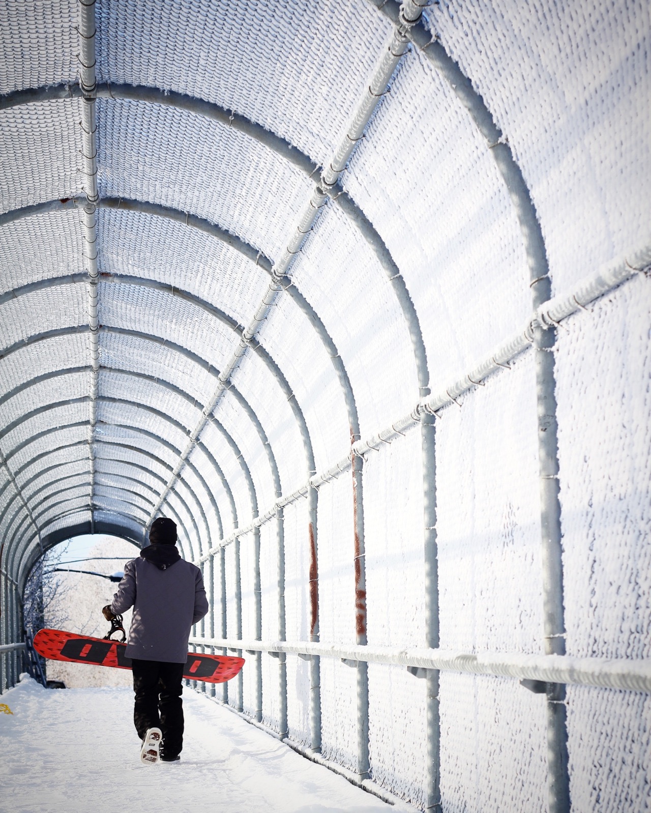 Luke Pasishnik Snowboarding walking on bridge