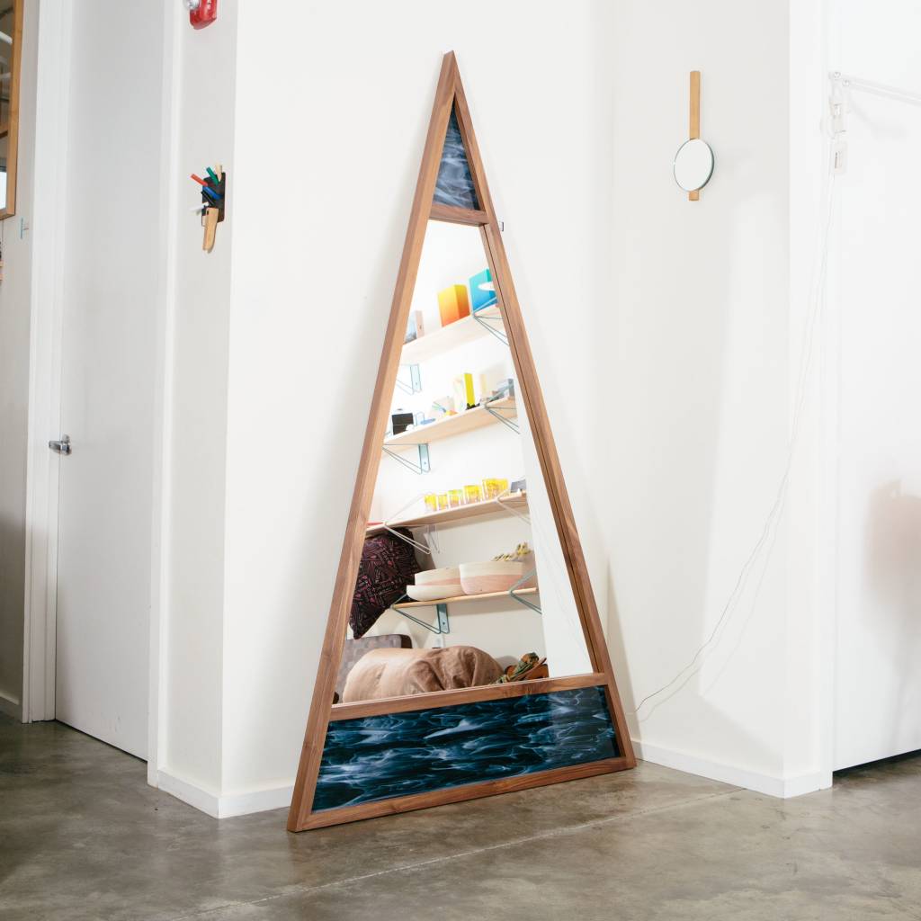 Alex Drew & No One Scale Mirror, Walnut with Blue Stained Glass