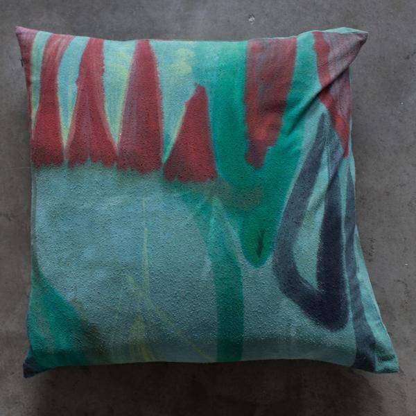 Fort Makers Hand Painted Square Pillow, green/red/yellow