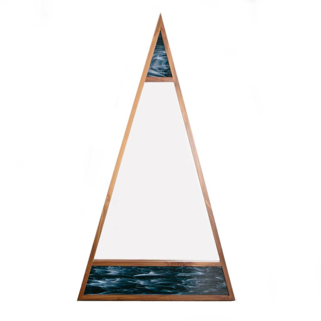 Alex Drew & No One Scale Mirror, Walnut with Blue Stained Glass