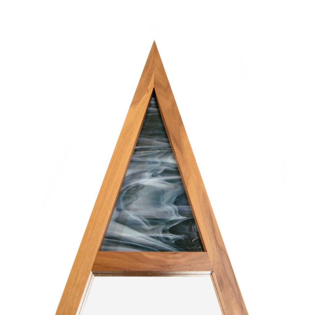 Alex Drew & No One Scale Mirror, Walnut with Blue Stained Glass