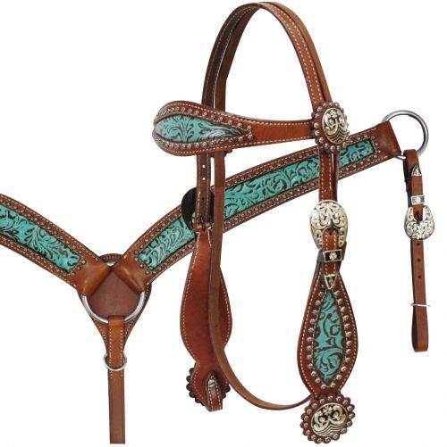 Showman Showman Bridle & Breast Collar Set Filigree Inlay Teal Gass