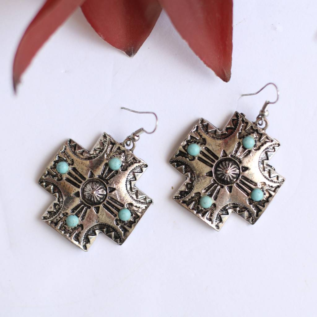 Silver Etched Cross With Tq Stones Earring Punchy S Usa Punchy S Silver Etched Cross With Tq Stones Earring