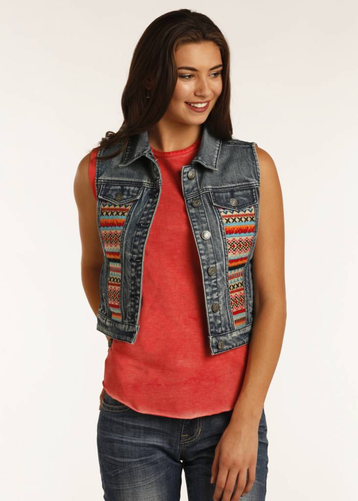 Aztec Embroidered Denim Vest