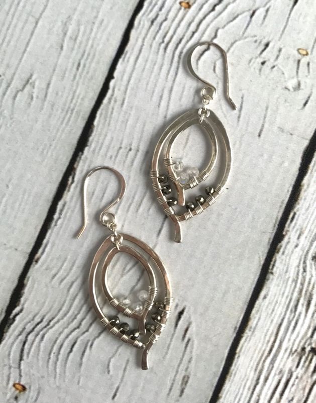 Handmade Silver Double Leaf Earrings With 1 2 Wrap Of Moonstone And Handmade Silver Double Leaf Earrings With 1 2 Wrap Of Moonstone And Pyrite Stones