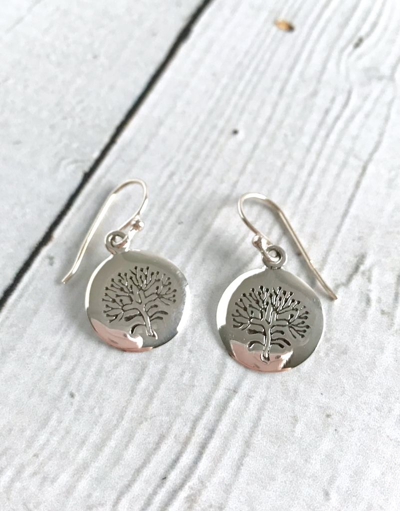 Silver Round Stamped Tree Earrings In The City Silver Round Stamped Tree Earrings
