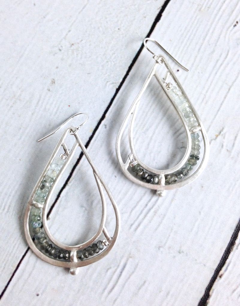 Handmade Matte Sterling Silver Teardrop Earrings With Row Of Moss Handmade Matte Sterling Silver Teardrop Earrings With Row Of Moss Aquamarine Stones
