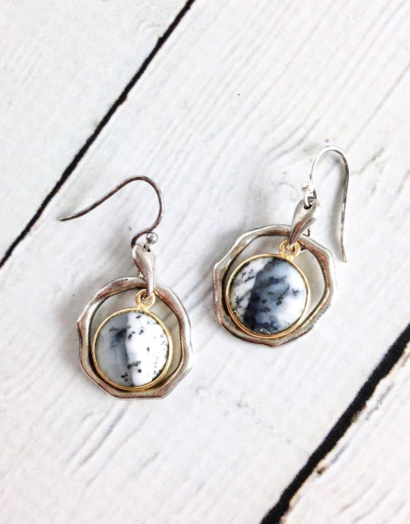 Handmade Earrings With Round Dendritic Agate 18k Gold Vermeil And Handmade Earrings With Round Dendritic Agate 18k Gold Vermeil And Antiqued Sterling Silver