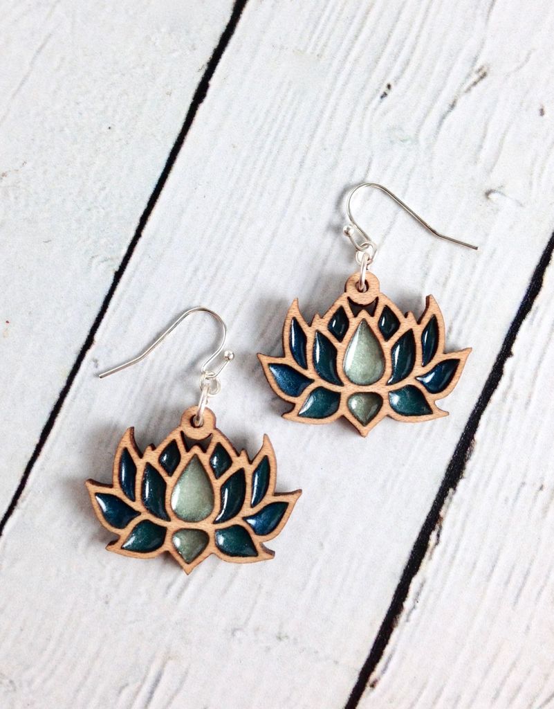 Handmade Wood Lotus Earrings With Deep Green Resin Ss Wires Br Handmade Wood Lotus Earrings With Deep Green Resin Ss Wiressustainable Hard Maple