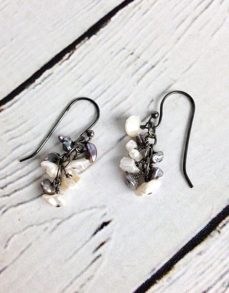 Handmade Silver Earrings With Grey White Pearl Dangle In Handmade Silver Earrings With Grey White Pearl Dangle