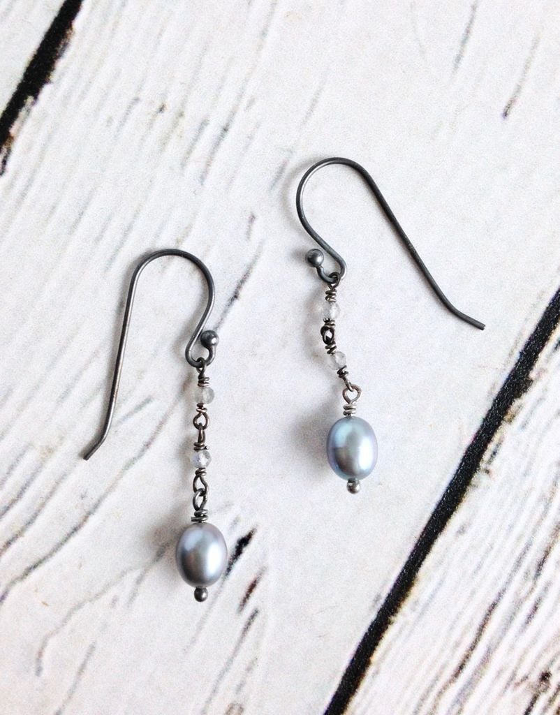 Handmade Sterling Silver Earrings With Grey Pearl 3 Tiny Handmade Sterling Silver Earrings With Grey Pearl 3 Tiny Labradorite Dangle