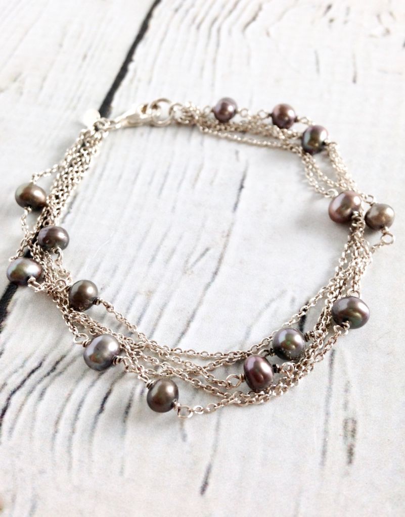 Sterling Silver Multi Strand Bracelet With Grey Pearls In Sterling Silver Multi Strand Bracelet With Grey Pearls