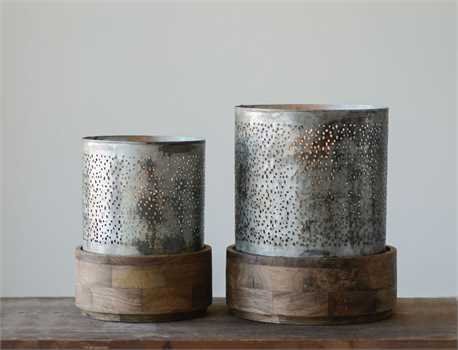 Large Punched Metal Hurricane W Mango Wood Base Holds 3 Pillar Large Punched Metal Hurricane W Mango Wood Base Holds 3 Pillar Candle