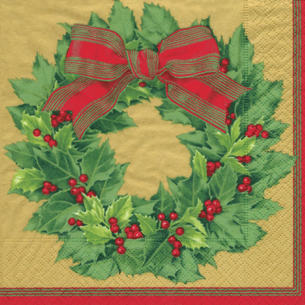 Caspari Paper Dinner Napkins Christmas 12071D Holly Wreath 20pk GLD  Digs N Gifts