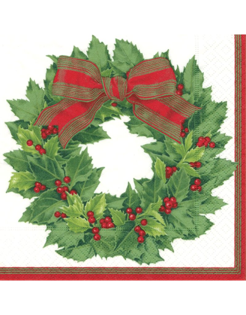 Caspari Paper Dinner Napkins Christmas 12070D Holly Wreath 20pk  Digs N Gifts