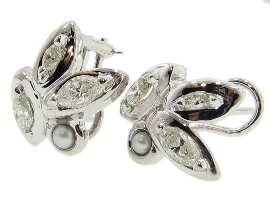 White Gold Diamond Pearl Earrings Leaf Demure 2990 Wexford Vintage White Gold Diamond Pearl Earrings Leaf Demure