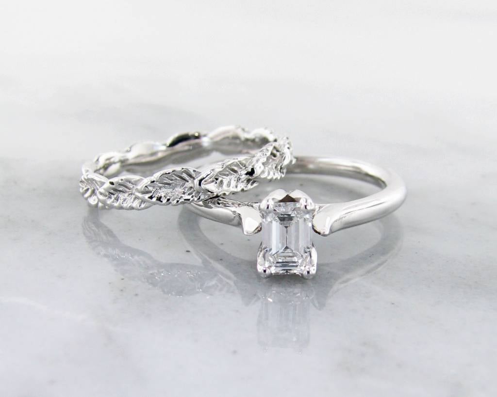 Diamond White Gold Solitaire, Leaf Eternity Band, Emerald Cut ...