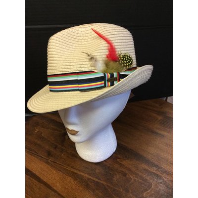 DeLux Hats Solstice Nat Stitched Raffia w/ Feathers, Multi Band