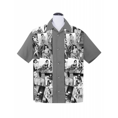 Steady Bettie Page Collage Panel Button Up Charcoal