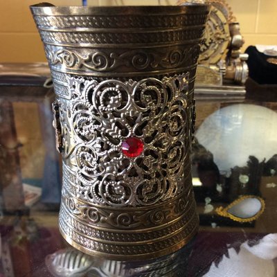 Embossed Metal Wristlet w/ Silver Filigree Red Ruby & Pewter